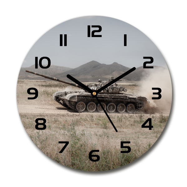 Orologio rotondo in vetro con quadrante decorato con un carro armato nel deserto
