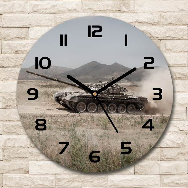 Orologio rotondo in vetro con quadrante decorato con un carro armato nel deserto