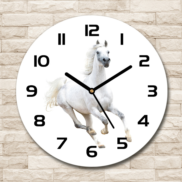 Orologio rotondo in vetro con raffigurazione di un cavallo arabo bianco