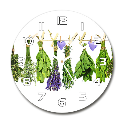 Orologio rotondo in vetro con motivo di erbe aromatiche su un filo