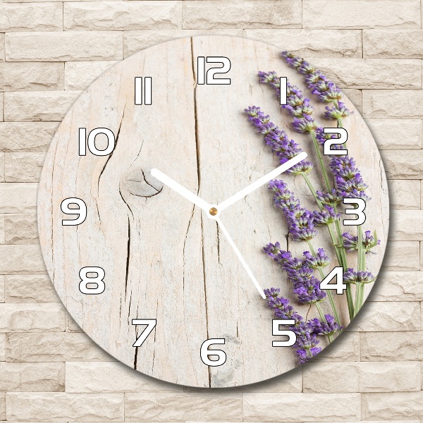 Orologio rotondo con motivo di lavanda su sfondo effetto legno