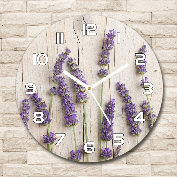 Orologio da parete rotondo con motivo di lavanda su sfondo effetto legno