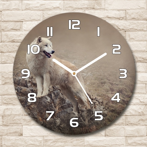 Orologio da parete rotondo con decorazione raffigurante un lupo bianco su una roccia