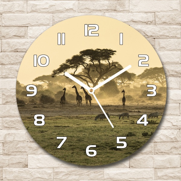 Orologio rotondo in vetro con motivo giraffe nella savana