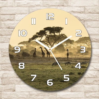 Orologio rotondo in vetro con motivo giraffe nella savana