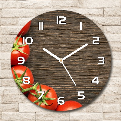Orologio rotondo in vetro con stampa di pomodori su sfondo effetto legno
