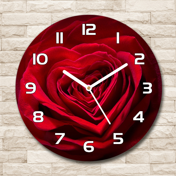 Orologio rotondo in vetro con motivo a cuore di rosa rossa