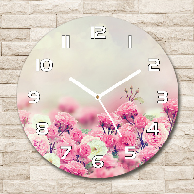 Orologio rotondo in vetro con motivo di fiori di rosa selvatica