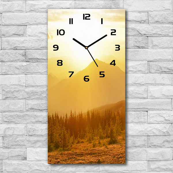 Orologio verticale in vetro con decorazione raffigurante un tramonto in montagna