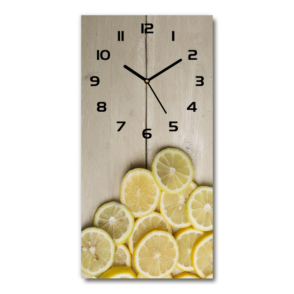 Orologio verticale in vetro con motivo di limoni su sfondo effetto legno