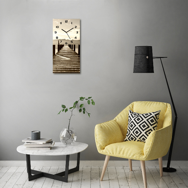 Orologio verticale in vetro con supporto a molo in legno