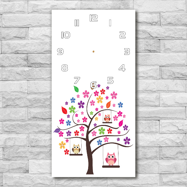 Orologio verticale con decorazione raffigurante gufi sulle altalene