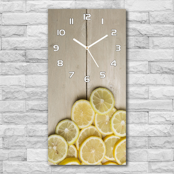 Orologio verticale in vetro con motivo di limoni su sfondo effetto legno