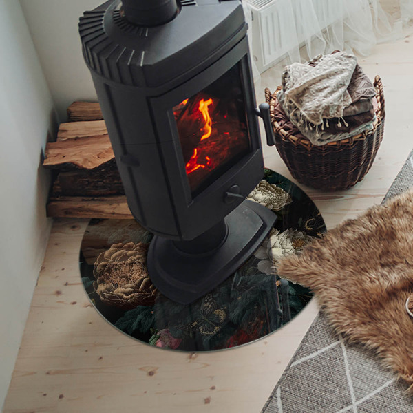 Vetro sotto il camino rotondo con motivo floreale e farfalle