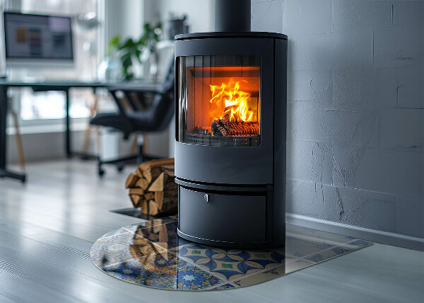 Vetro sotto il camino semiovale con motivi ceramici sullo sfondo