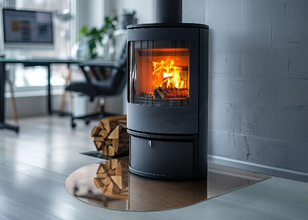 Lastra in vetro per caminetto semiovale con motivo ispirato al legno