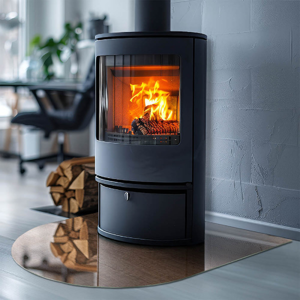 Lastra in vetro per caminetto semiovale con motivo ispirato al legno