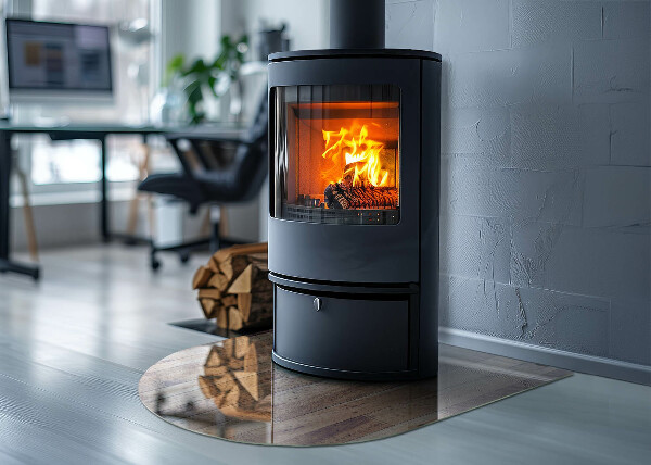 Vetro sotto il camino semiovale con motivo in legno disposto geometricamente