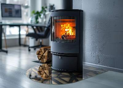 Vetro sotto il camino semiovale con forme moderne e dettagli in legno