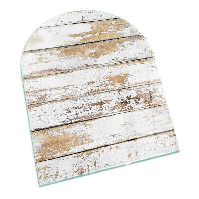 Lastra in vetro per caminetto semiovale con tavola di legno dall'aspetto arrugginito