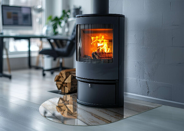 Lastra in vetro per caminetto semiovale con tavola di legno dall'aspetto arrugginito