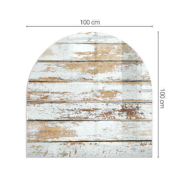 Lastra in vetro per caminetto semiovale con tavola di legno dall'aspetto arrugginito