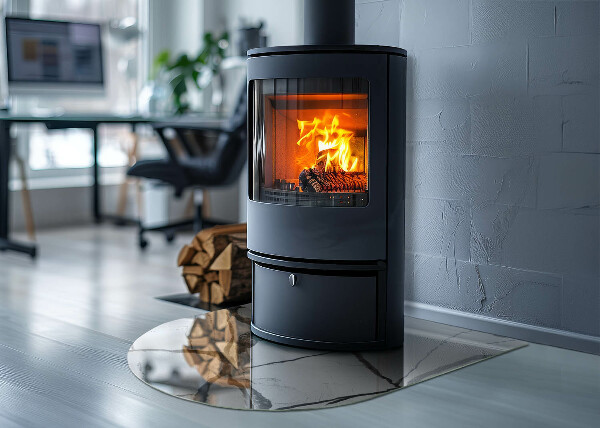 Vetro sotto il camino semiovale con venature di marmo in uno stile elegante