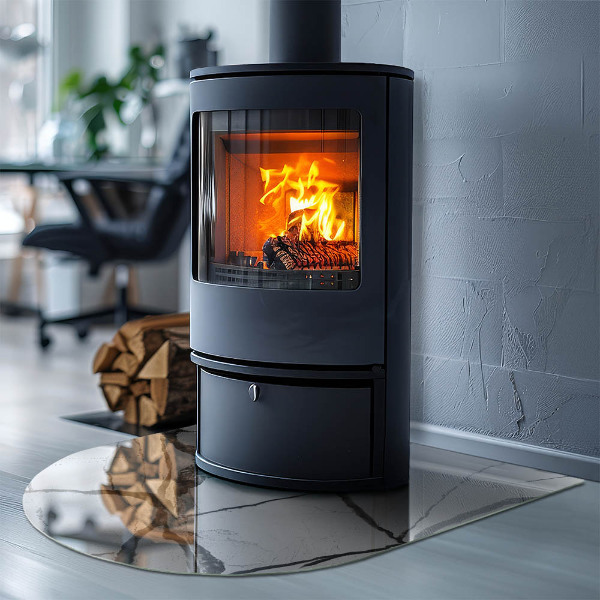 Vetro sotto il camino semiovale con venature di marmo in uno stile elegante