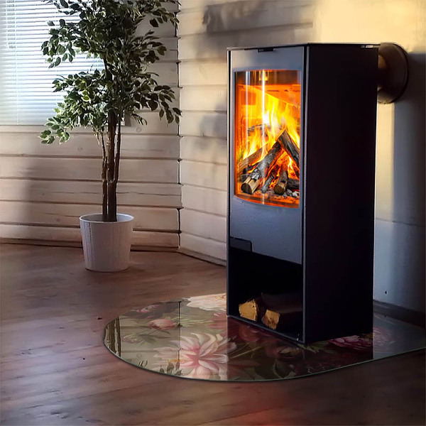 Lastra in vetro per caminetto semiovale con un motivo floreale in piena fioritura