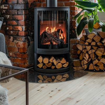 Vetro sotto il camino a quarto di cerchio con motivo in pietra naturale