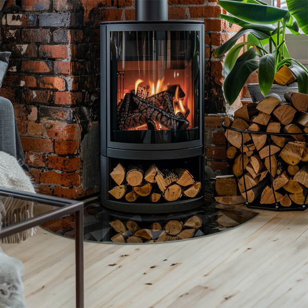 Vetro sotto il camino a quarto di cerchio con geometria in tre dimensioni