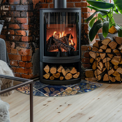 Vetro sotto il camino a quarto di cerchio con motivi ceramici sullo sfondo