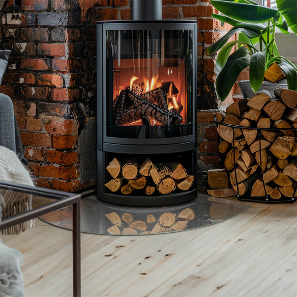 Vetro sotto stufa a quarto di cerchio con struttura in cemento effetto naturale