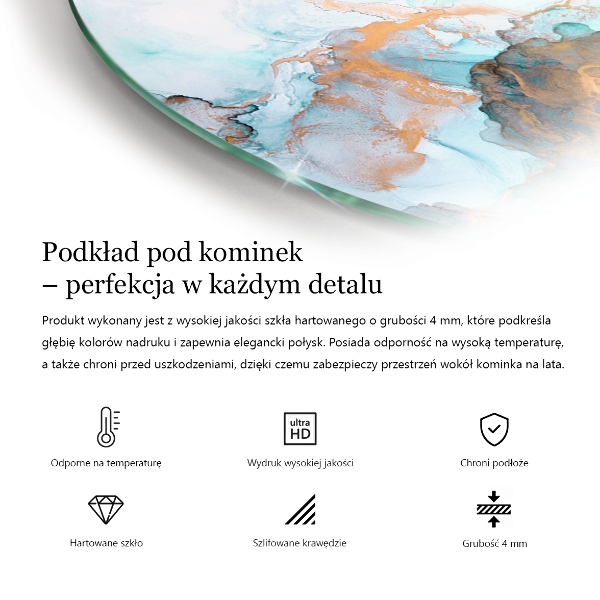 Vetro sotto il camino a quarto di cerchio con motivo marmorizzato e venature delicate