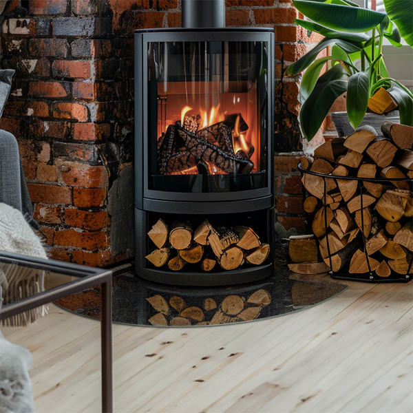 Vetro sotto stufa a quarto di cerchio con motivo a schema di struttura in pietra