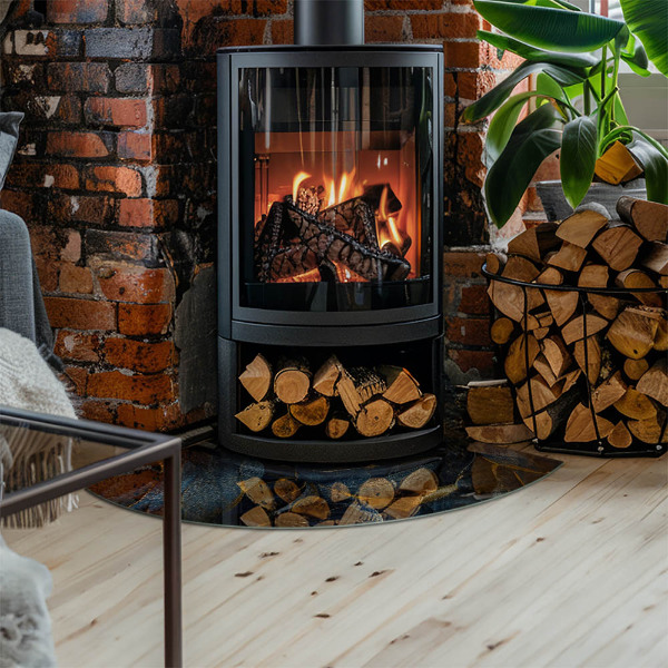 Vetro sotto il camino a quarto di cerchio con motivo di foglie eleganti nella struttura