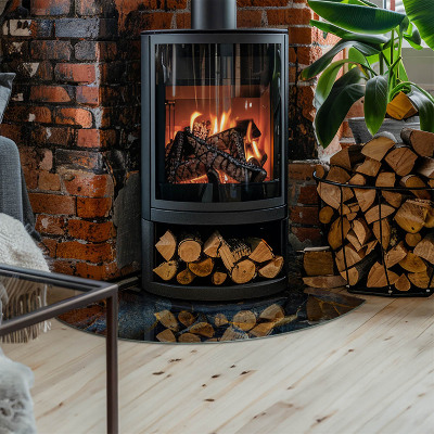 Vetro sotto il camino a quarto di cerchio con motivo di foglie eleganti nella struttura