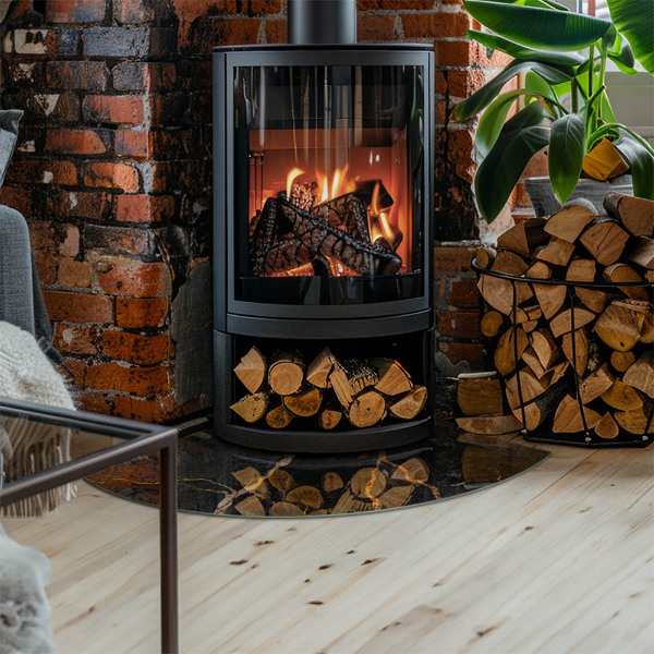 Vetro sotto il camino a quarto di cerchio con effetto marmo e venature delicate