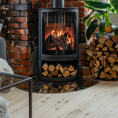 Vetro sotto il camino a quarto di cerchio con effetto marmo e venature delicate