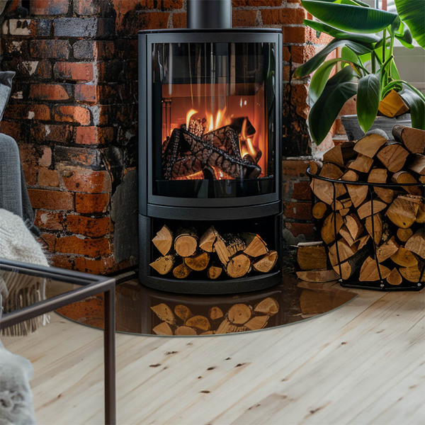 Vetro sotto il camino a quarto di cerchio di colore marrone