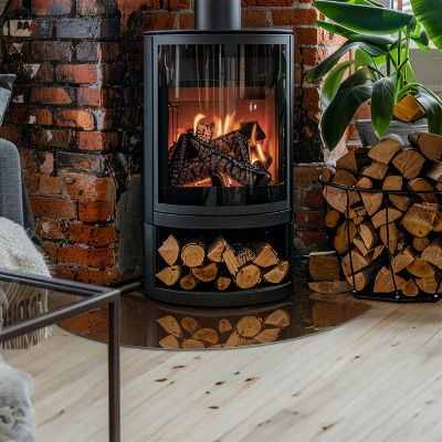 Vetro sotto il camino a quarto di cerchio di colore marrone