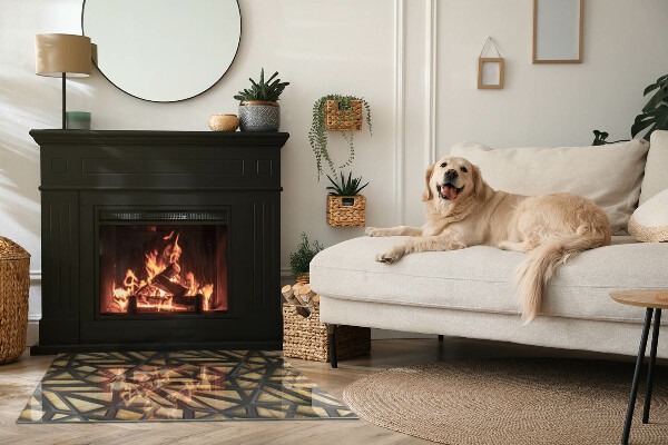 Vetro sotto stufa con motivi geometrici su sfondo effetto legno