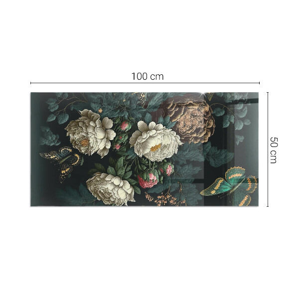 Vetro sotto stufa rettangolare Farfalle su uno sfondo di fiori