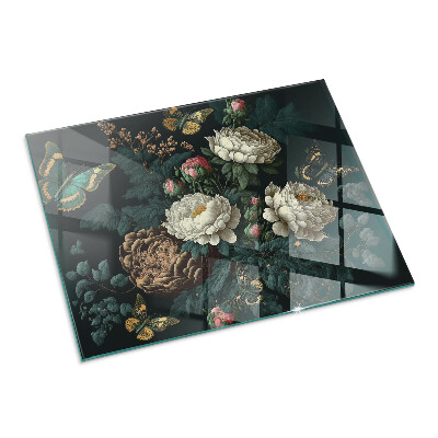 Vetro sotto stufa rettangolare Farfalle su uno sfondo di fiori