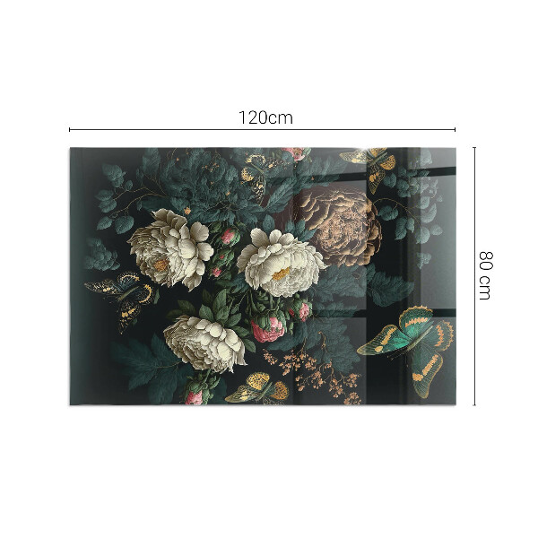 Vetro sotto stufa rettangolare Farfalle su uno sfondo di fiori