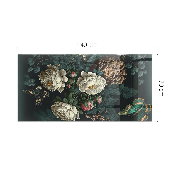 Vetro sotto stufa rettangolare Farfalle su uno sfondo di fiori