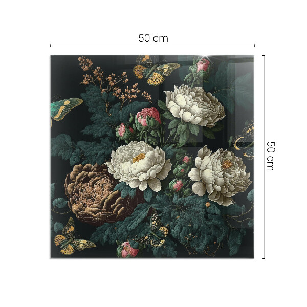Vetro sotto stufa rettangolare Farfalle su uno sfondo di fiori