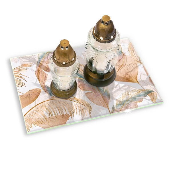 Piastra in vetro per candele tombali con decorazione di piume e foglie in stile boho