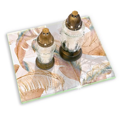 Piastra in vetro per candele tombali con decorazione di piume e foglie in stile boho