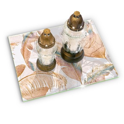 Piastra in vetro per candele tombali con decorazione di piume e foglie in stile boho